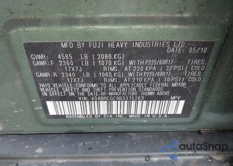 2011 Subaru Outback 2.5I Premium z USA, uszkodzony, nr VIN 4S4BRCGC9B3315263